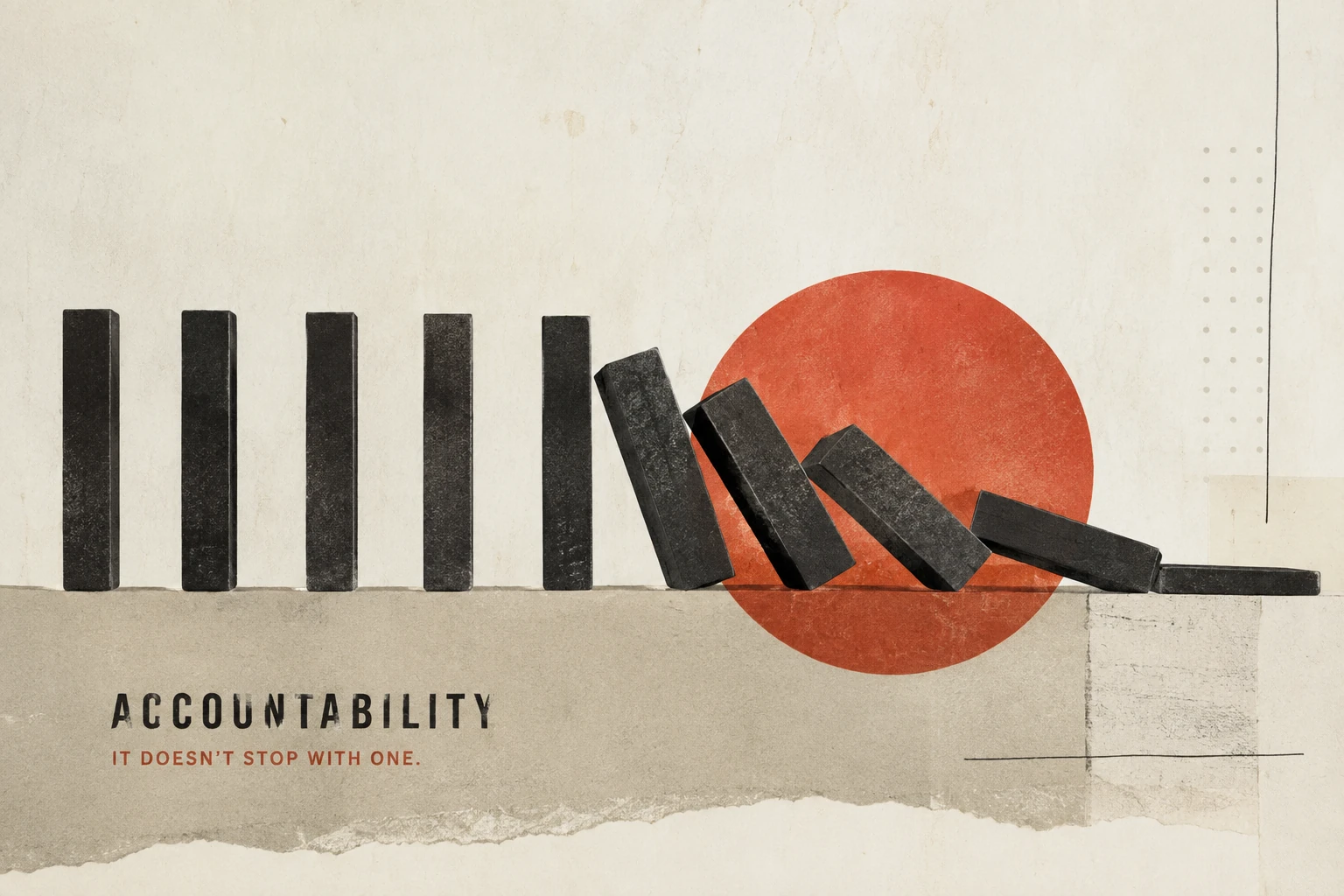 Falling dominoes illustrating shared accountability and the chain of responsibility when decisions go wrong.