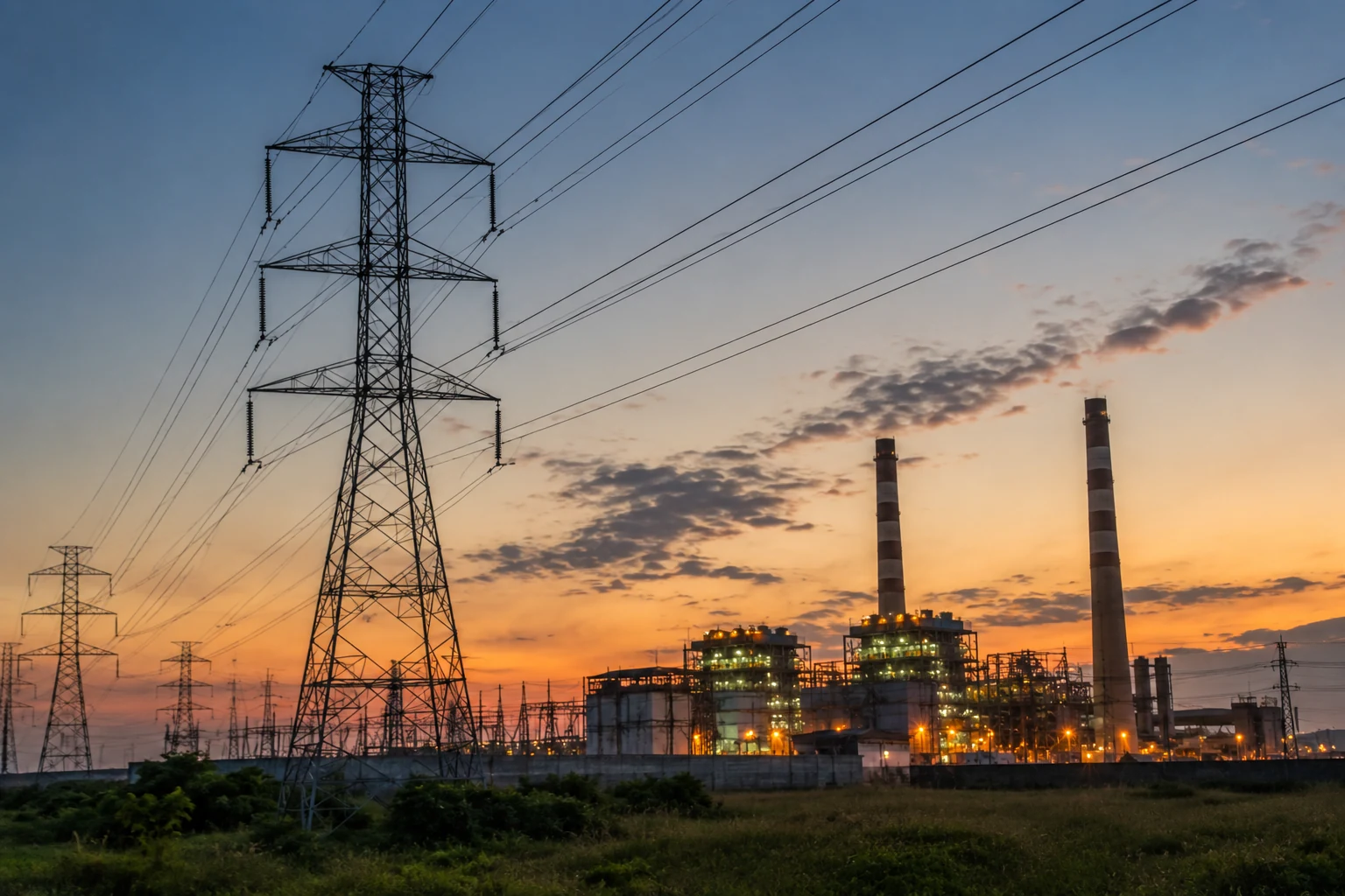 Electricity transmission towers and a power station at dusk