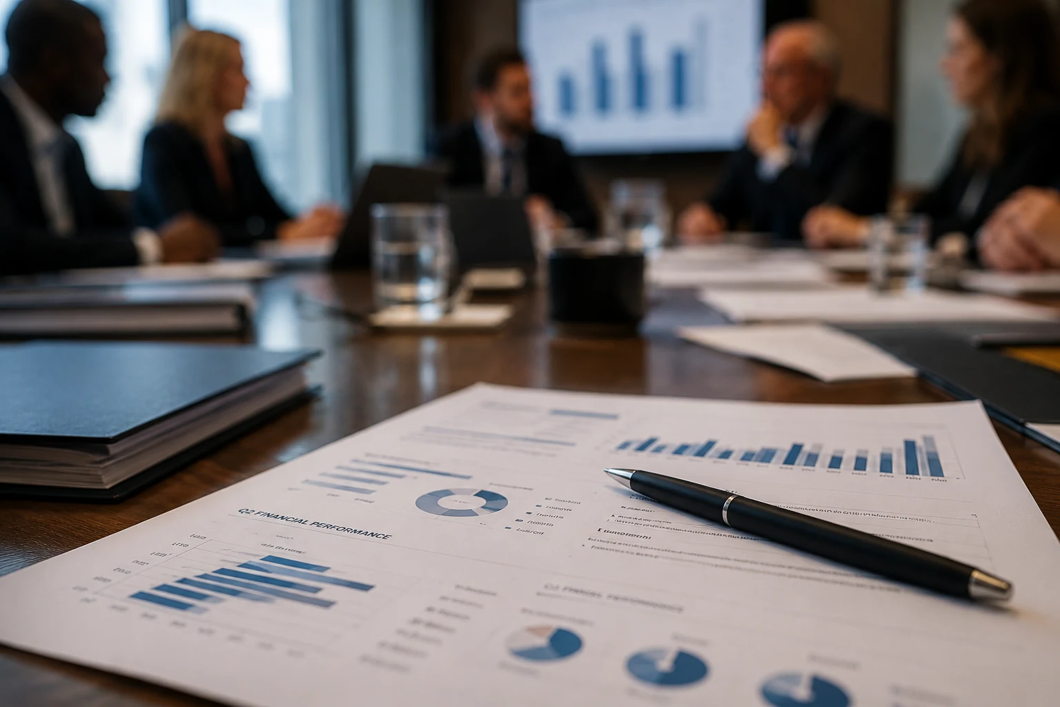 Boardroom meeting with directors blurred in the background and a financial report with graphs in focus on the table.